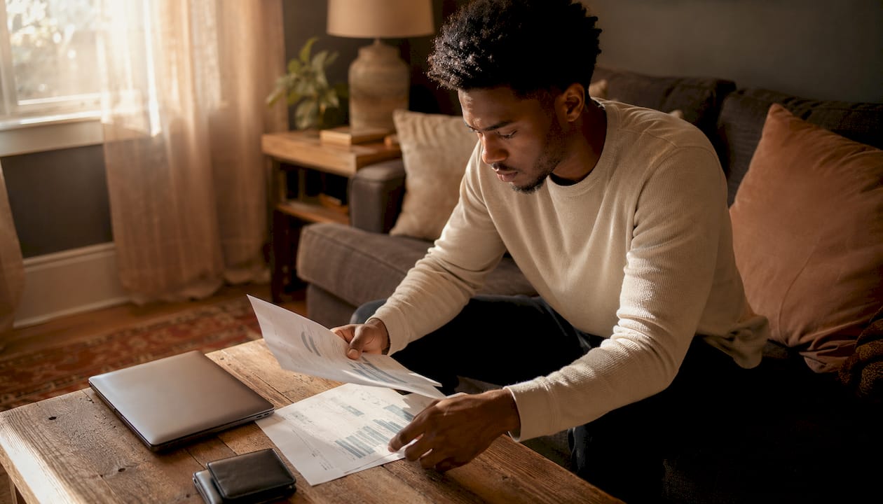 Hands typing near credit score charts in library