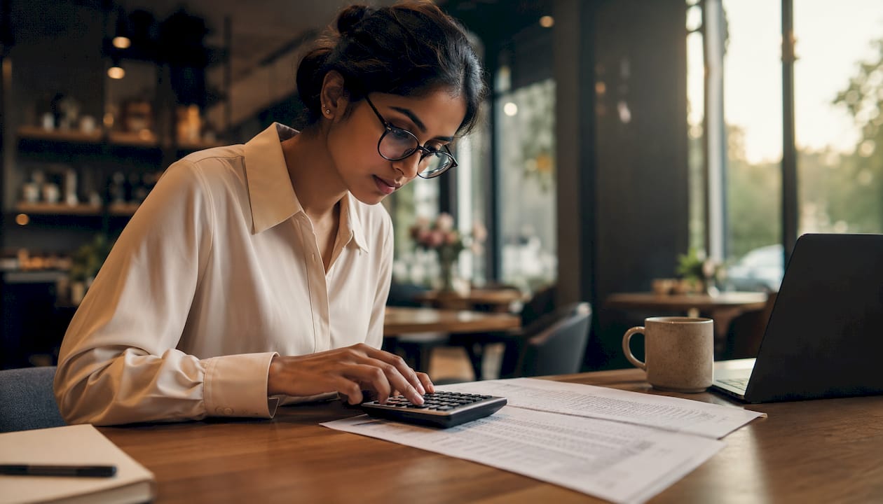 Woman calculating SUV loan payments at library desk