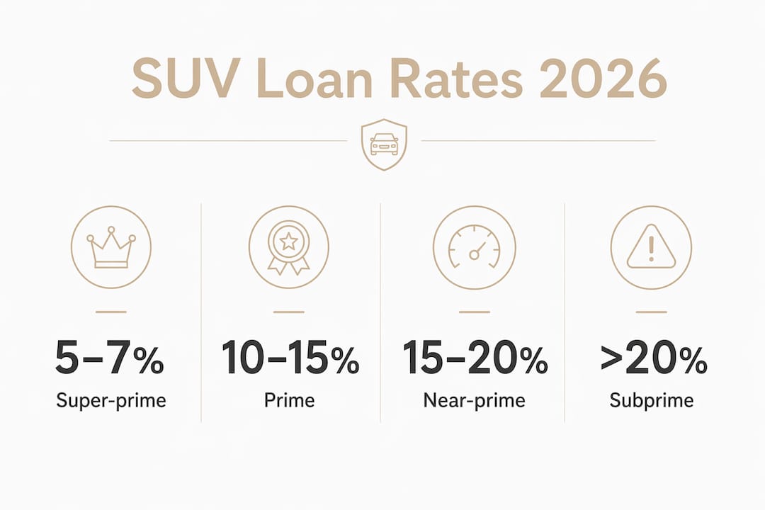 Infographic showing SUV loan rates by credit tier percentages in 2026