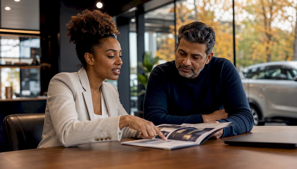 Diverse buyers discussing certified pre-owned financing