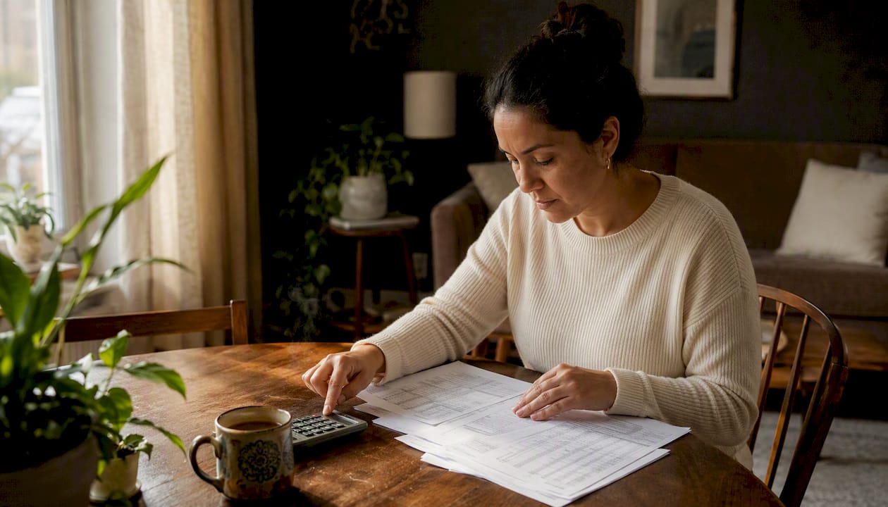 Hands calculating certified pre-owned car loan costs