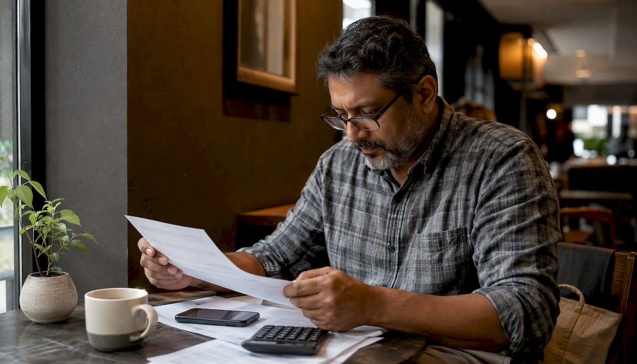 Man reviewing auto refinance APR report at table
