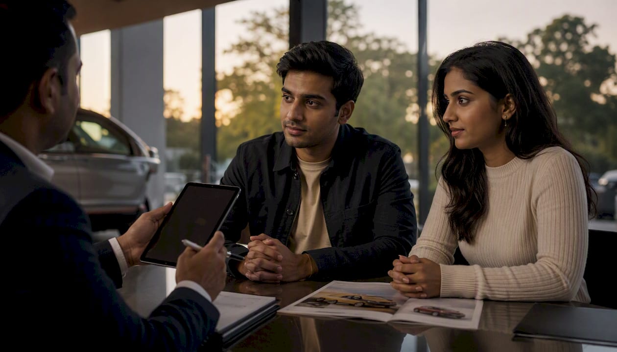 Couple negotiating electric vehicle loan rates