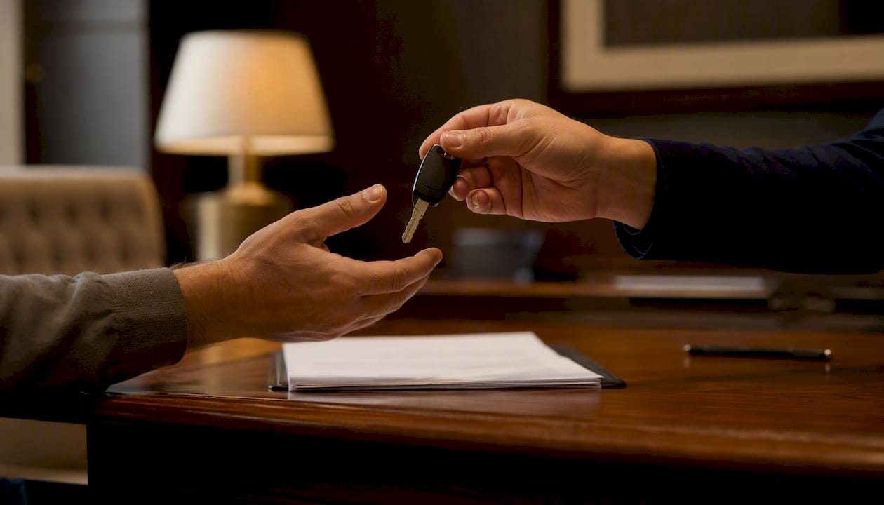 Hands exchanging car keys over contract