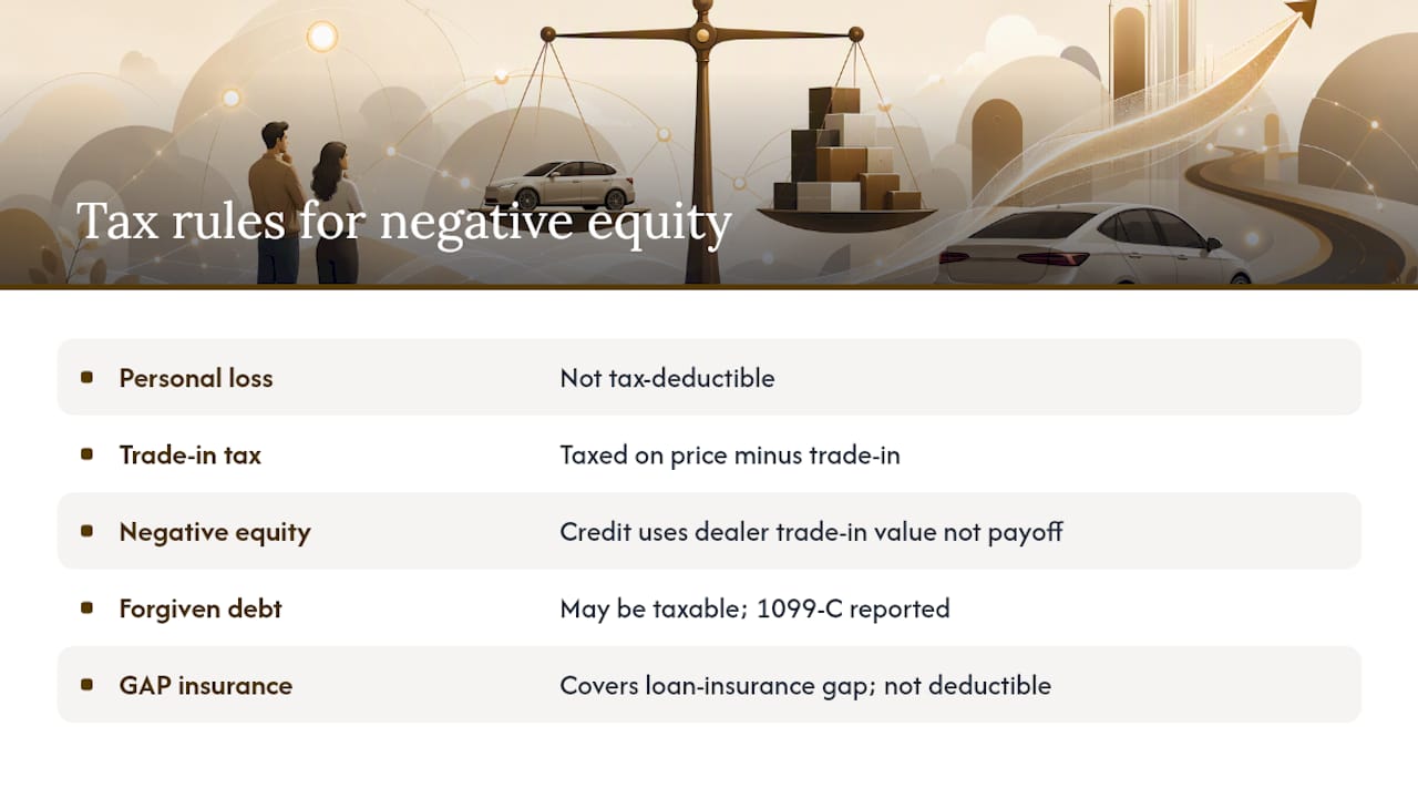 Tax implications when selling or trading in a vehicle with negative equity — overview diagram