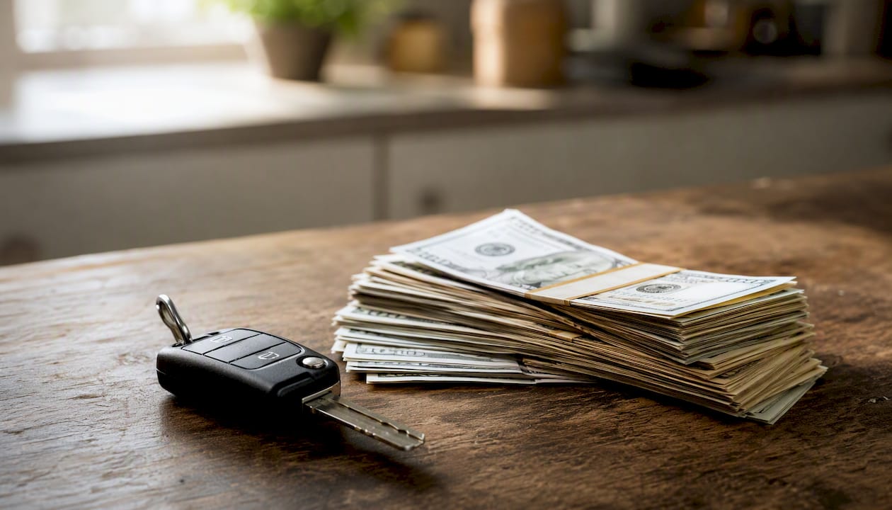 Car keys beside cash down payment on table