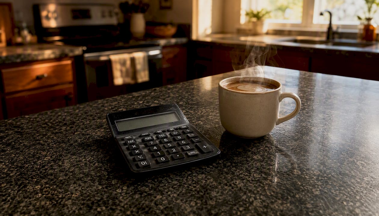 Calculator and coffee cup on desk