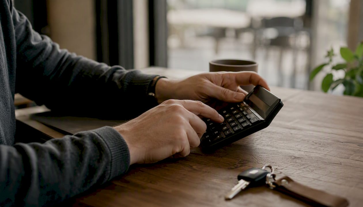 Hands calculating auto loan costs at table
