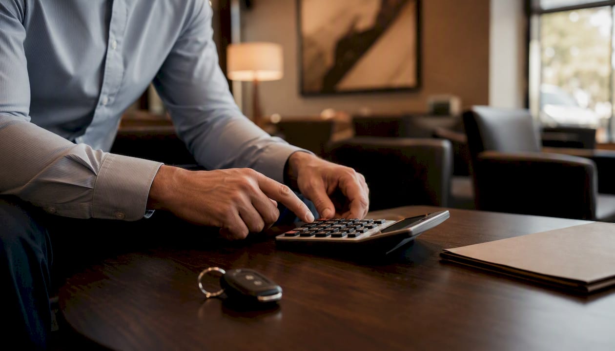 Hands using calculator near car keys