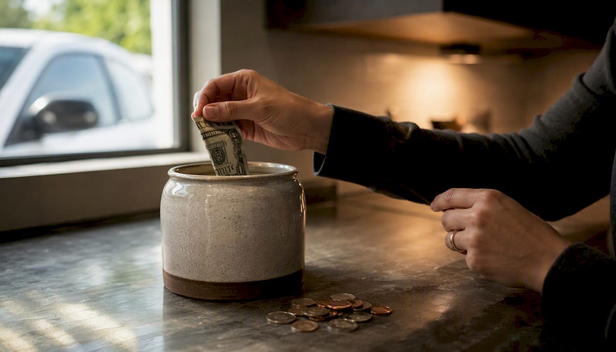 Hands putting money into car repair savings jar