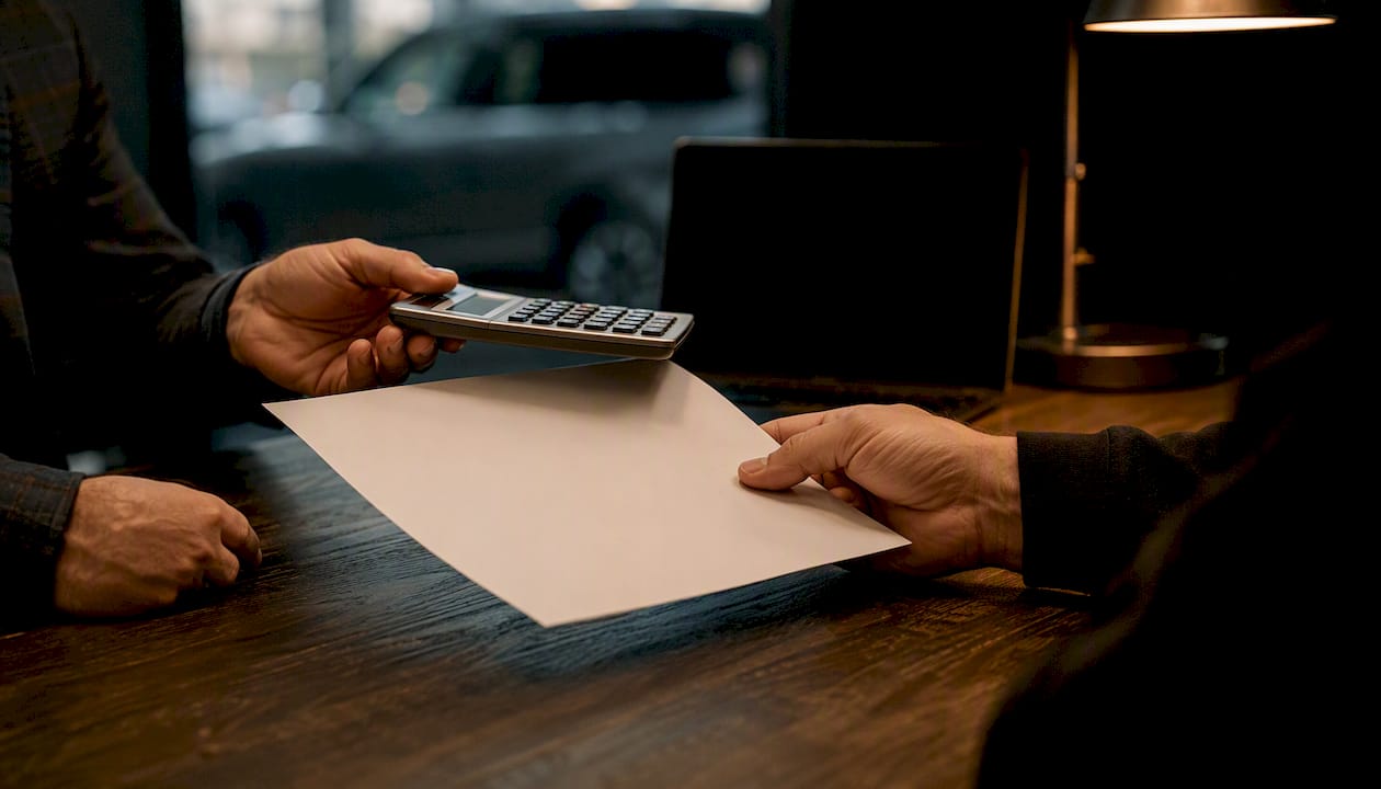 Hands exchanging calculator and clipboard at desk