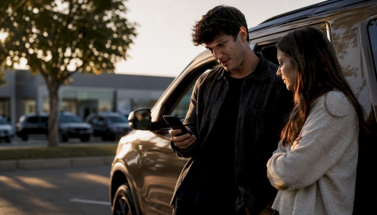 Hands holding phone near SUV dashboard silhouette