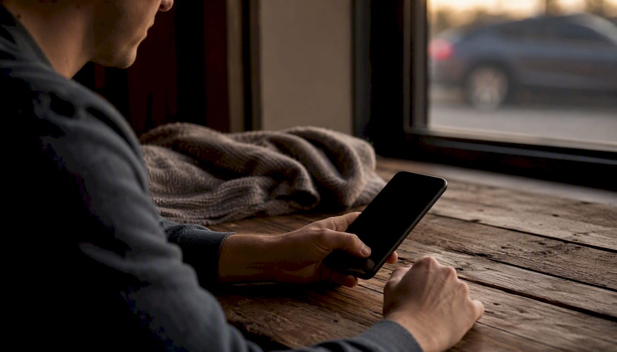 Hand holding smartphone with vehicle silhouette background