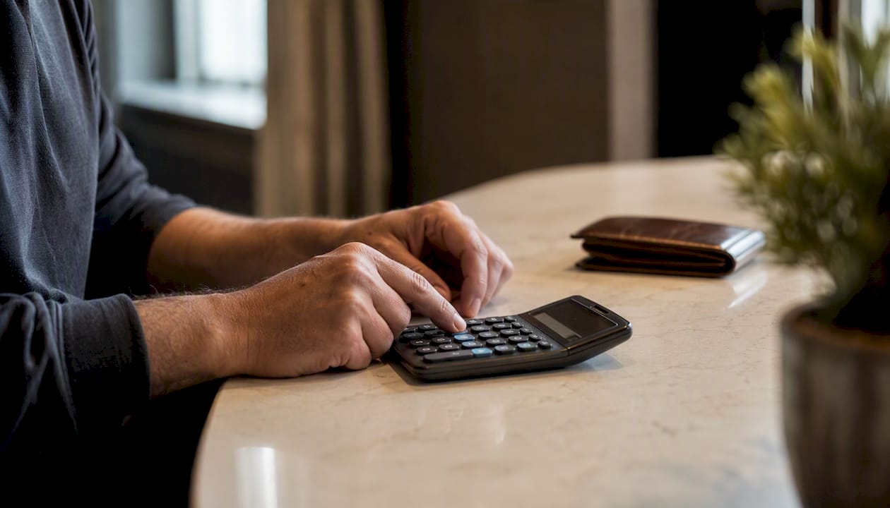 Hands using calculator beside car key and wallet