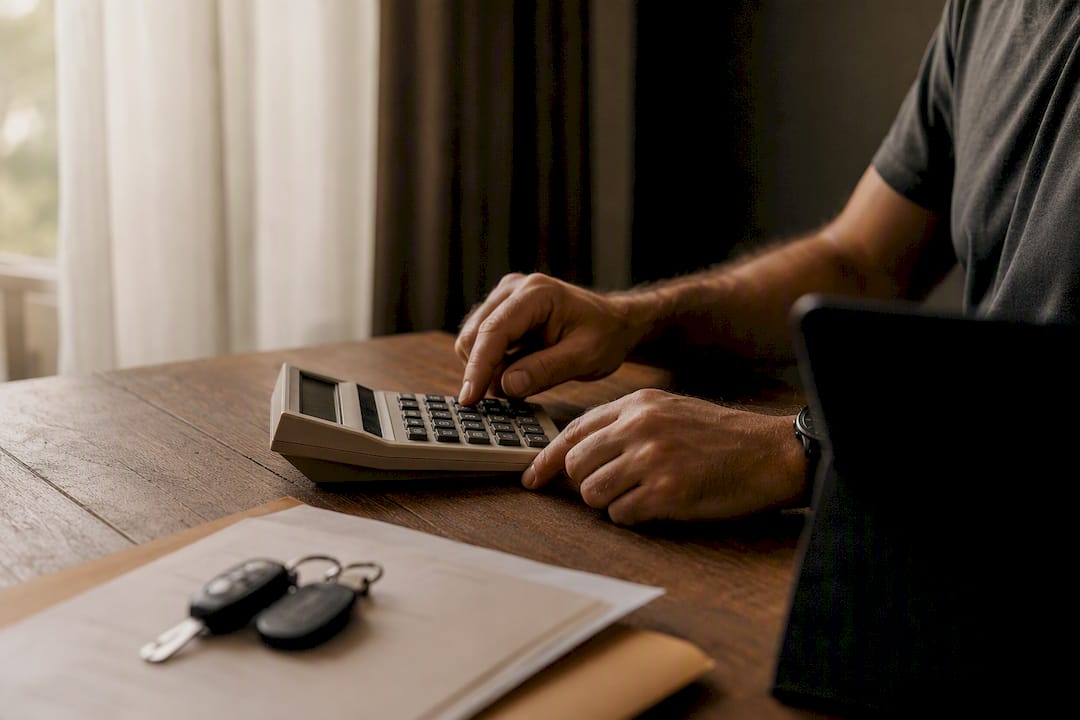 Hands holding pen over notebook with calculator