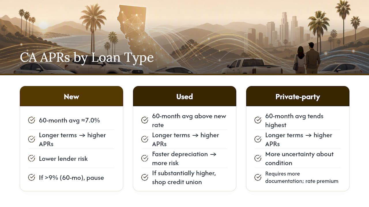 Diagram of California auto loan APRs by loan type and term
