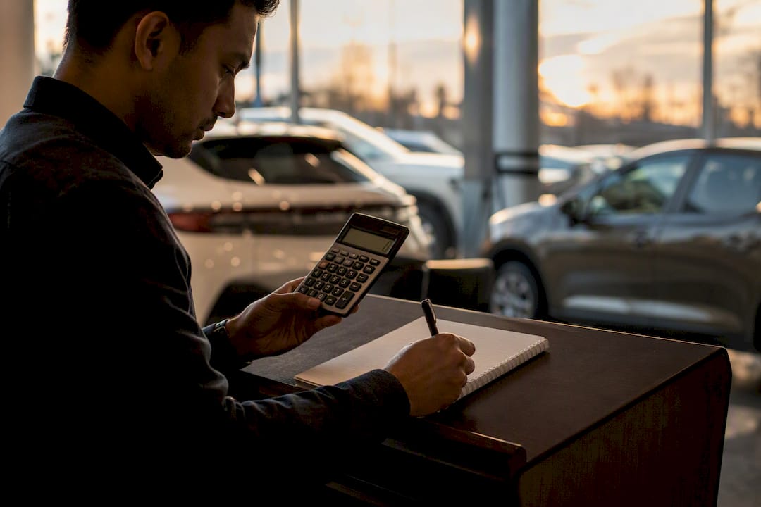 Hands calculating APR at dealership desk