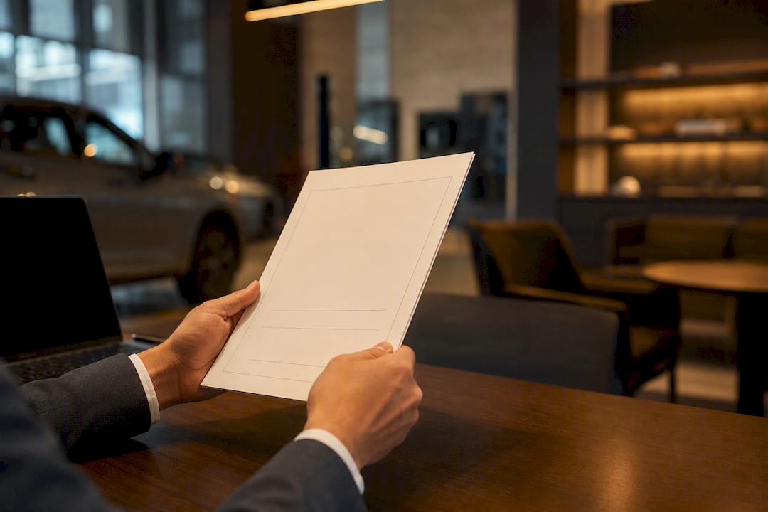 Hands holding credit score document in dealership