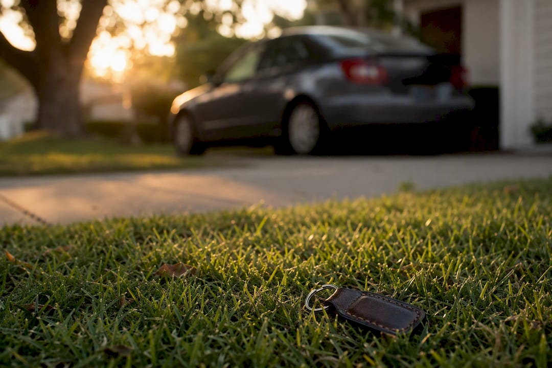 Blurred car silhouette with car keychain in foreground