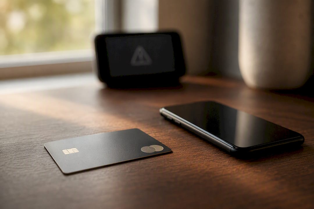 Credit card with blurred alert notification nearby