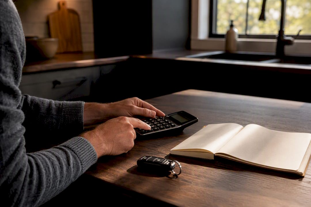 Hands calculating car loan with keys nearby