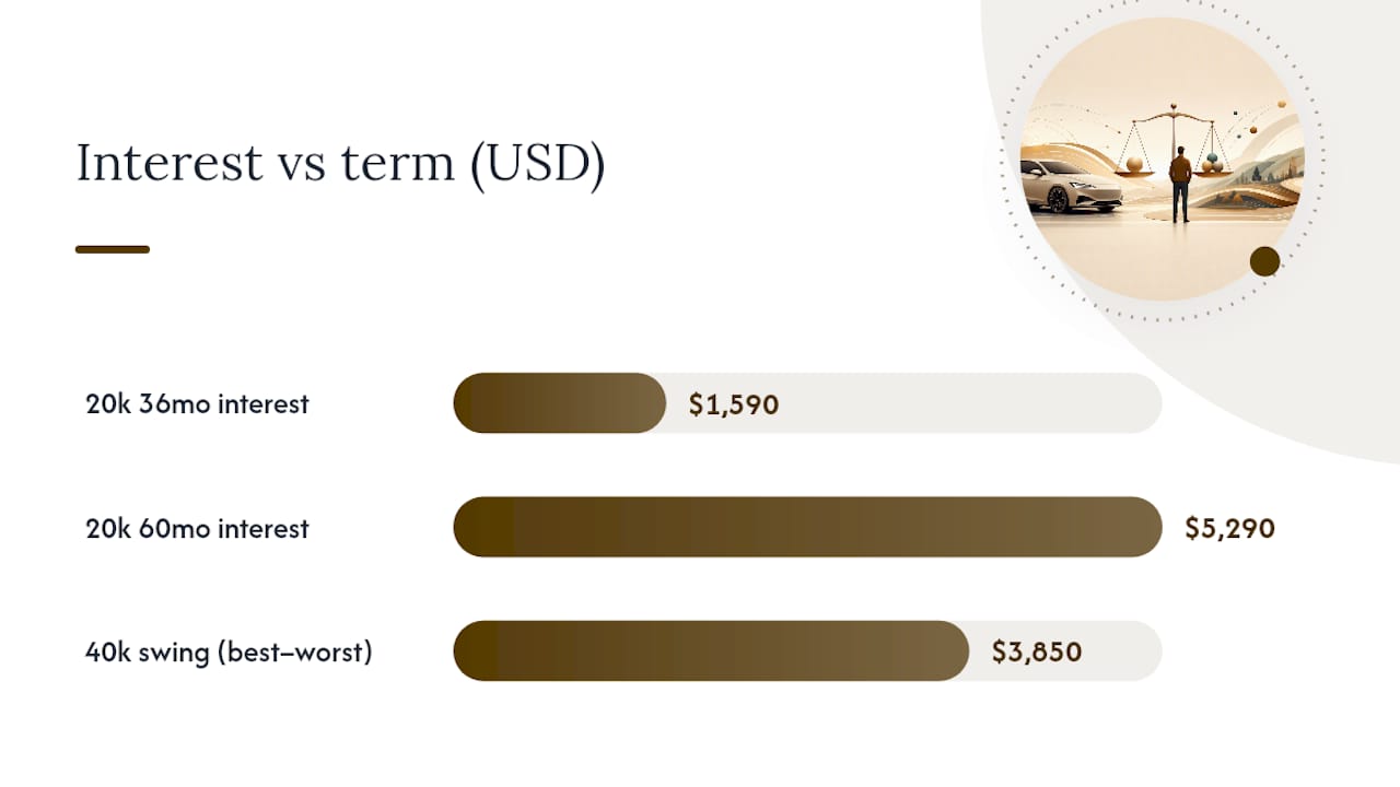 Comparison of car loan total costs by APR and term