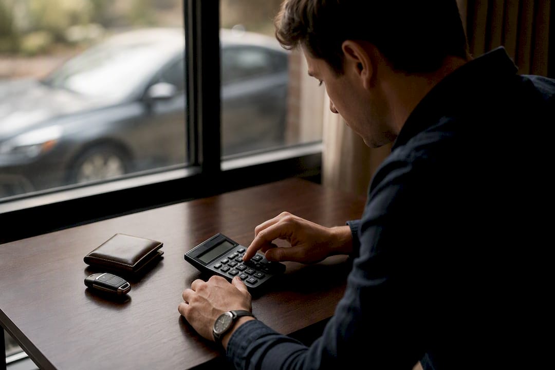Hands calculating car loan savings