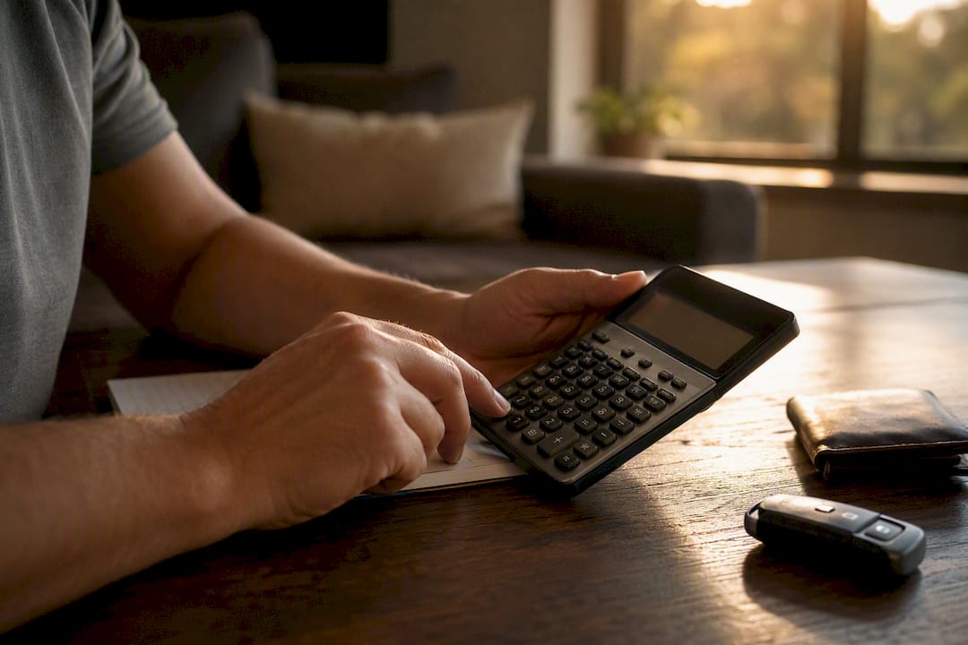 Hands using calculator with car key nearby