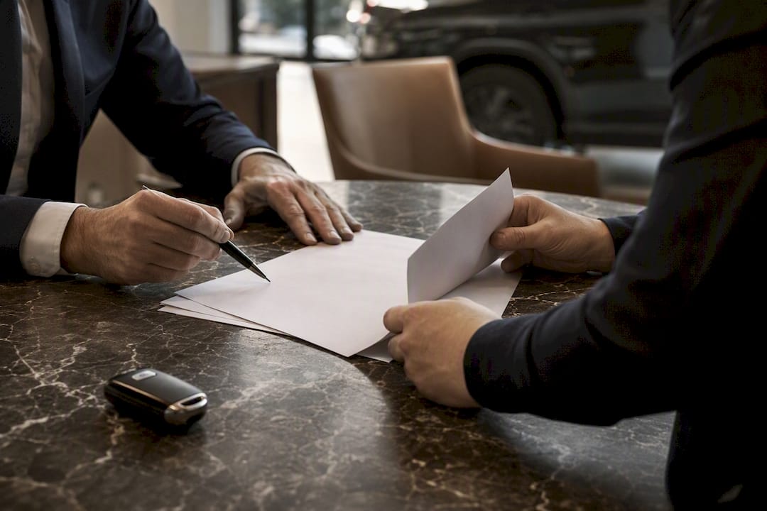 Hands examining car loan paperwork