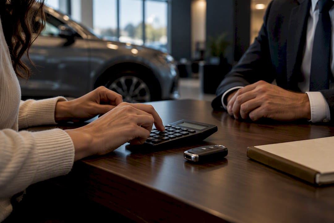 Buyer reviewing auto loan figures at dealership