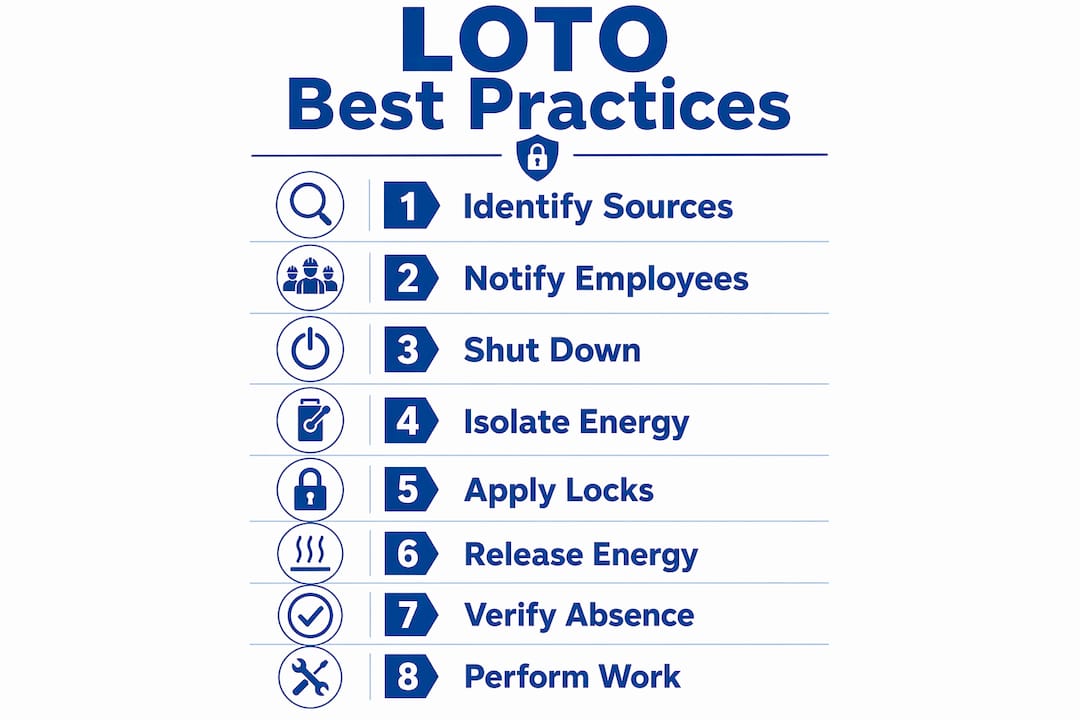 Infographic showing step-by-step LOTO process
