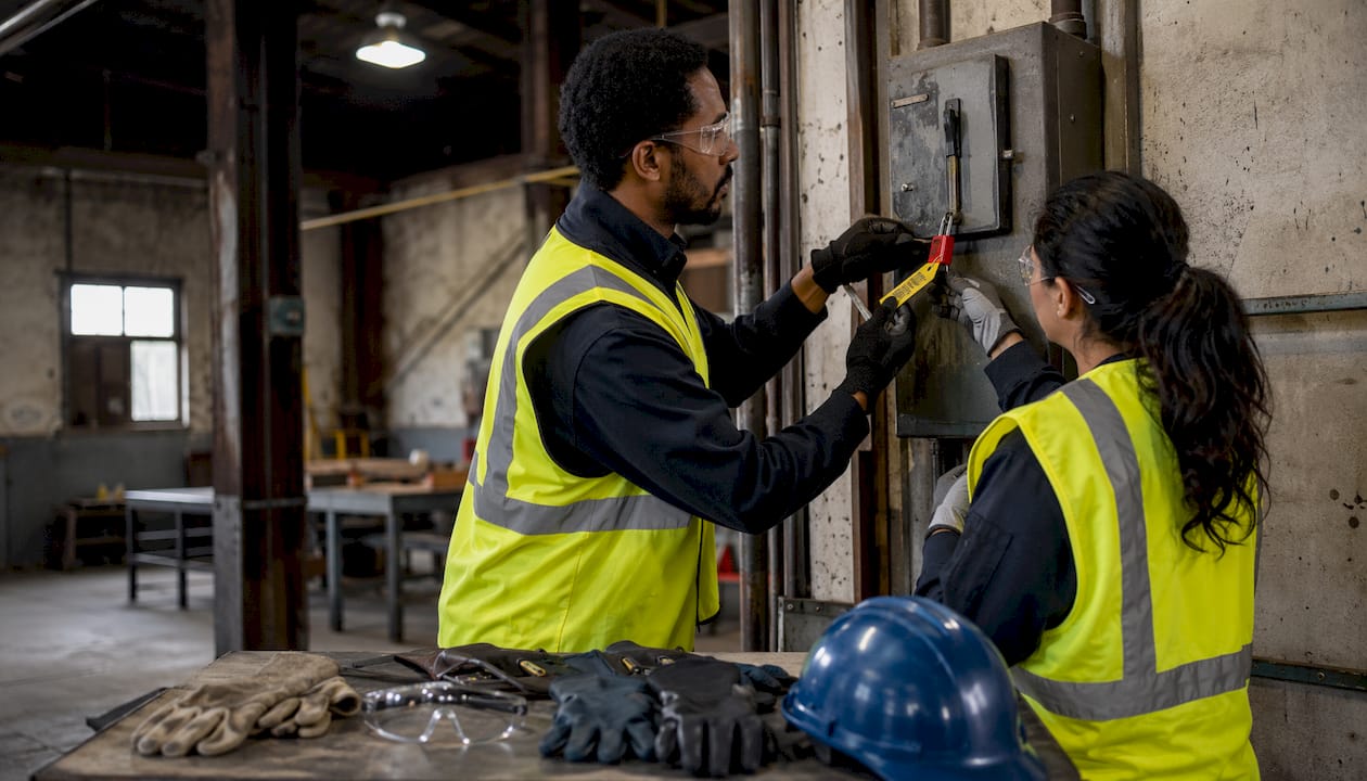 Hands applying lock and tag on electrical switch