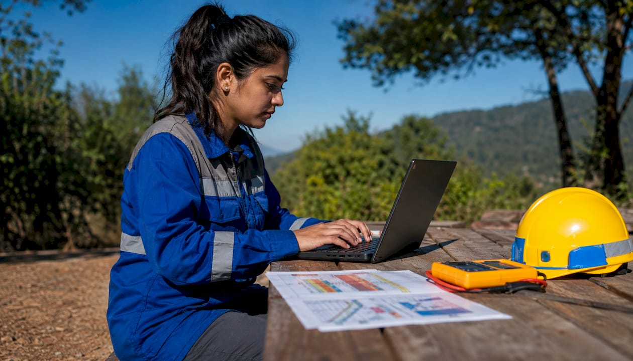 Hands typing on laptop with assessment papers nearby