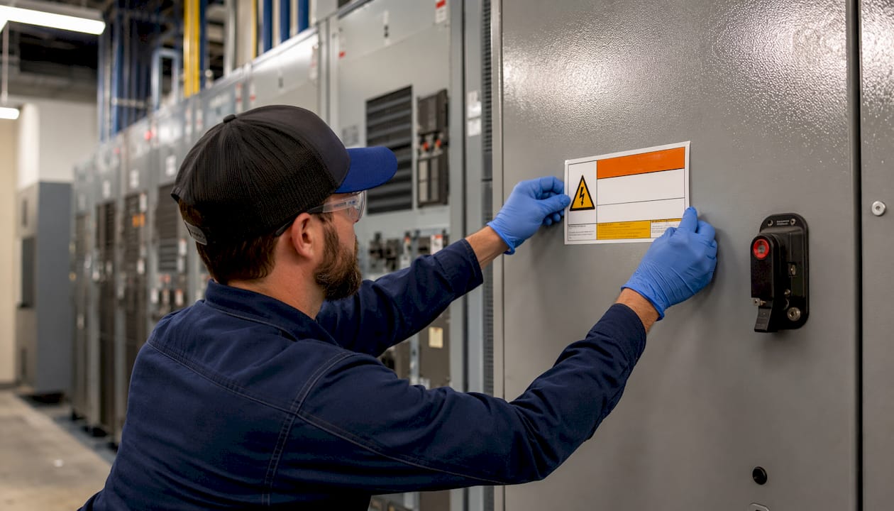 Gloved hand applying durable arc flash label