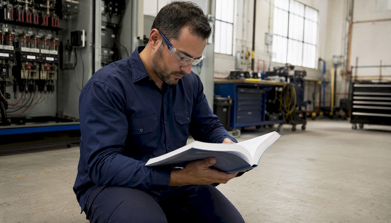 Electrician reading arc flash safety manual