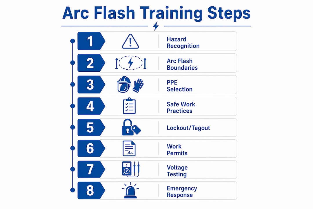 Infographic depicting arc flash training steps checklist