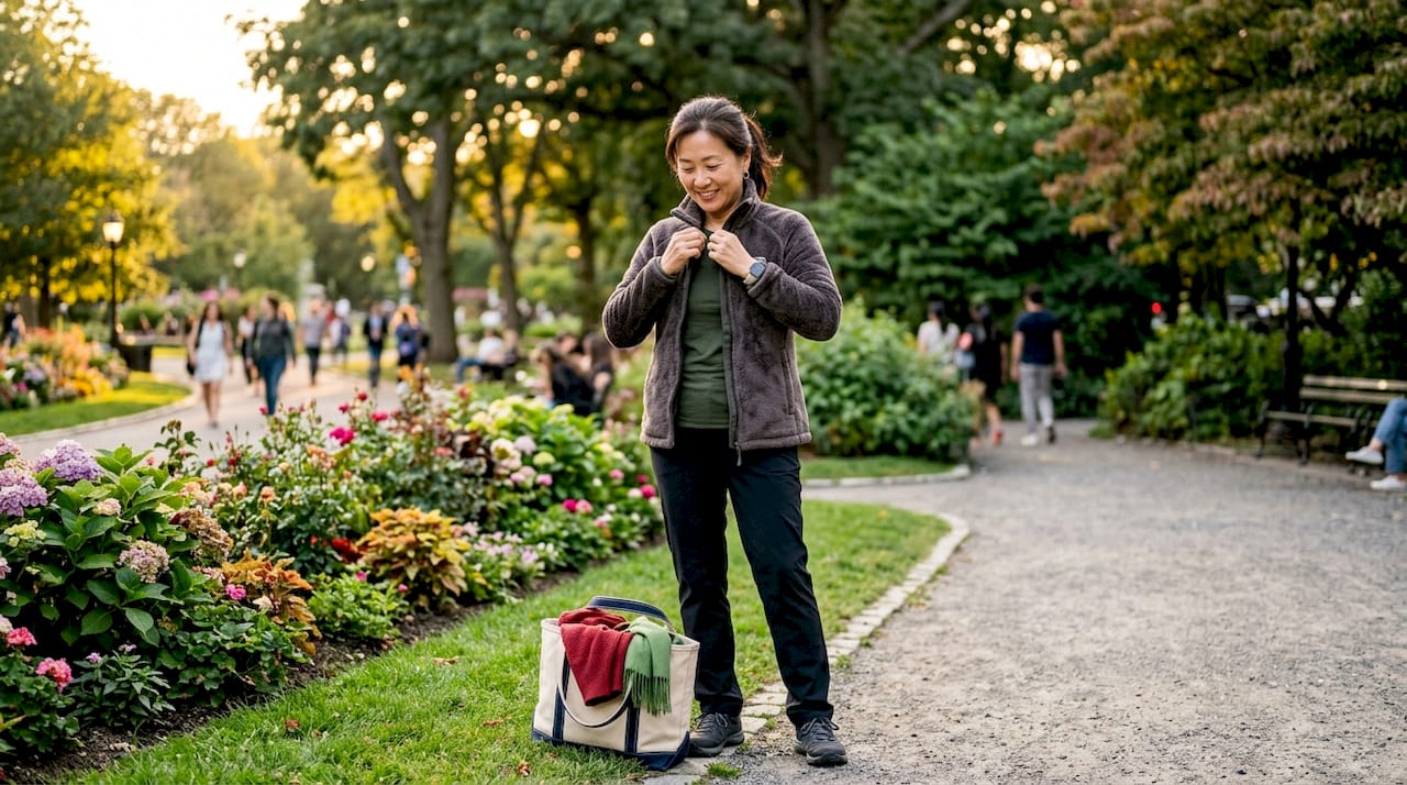 Woman layering travel clothes outdoors on bench