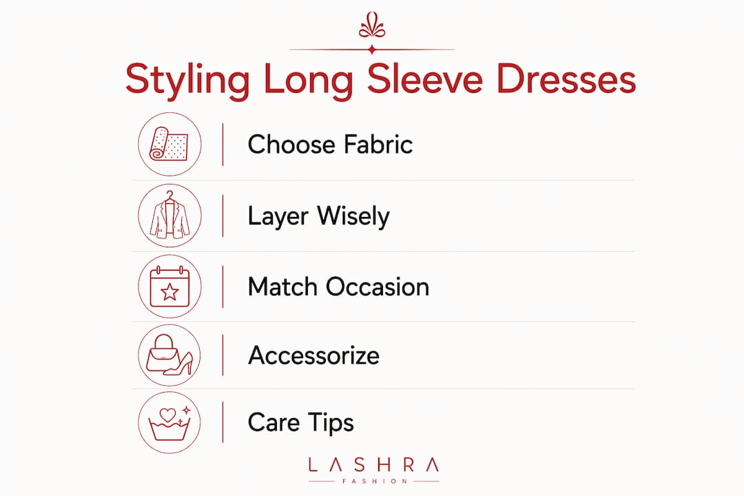 Infographic showing five key styling steps for long sleeve dresses