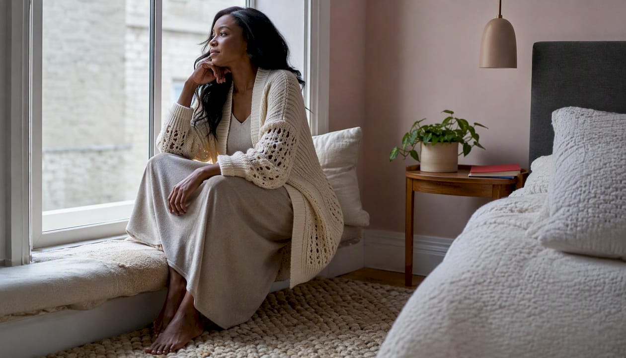 Woman styled in modest knitwear at home