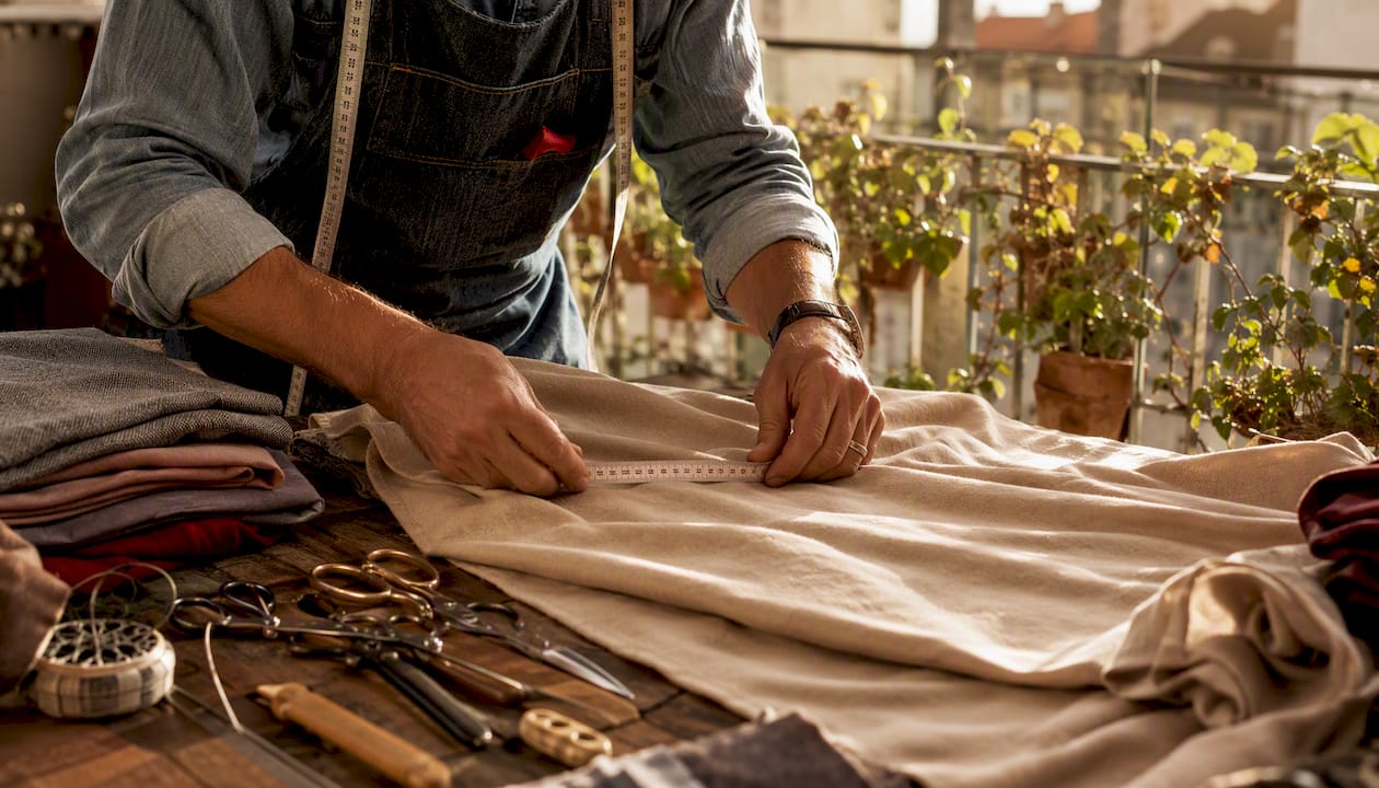 Tailor working on cashmere garment in workshop
