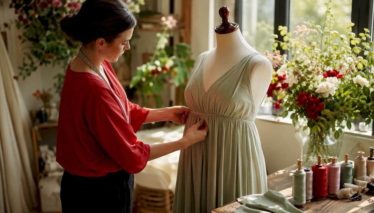 Hands fitting empire waist dress on mannequin