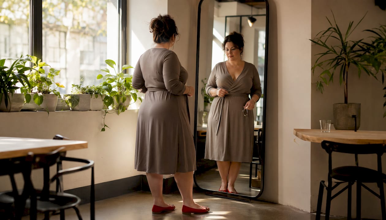 Woman adjusting wrap dress belt in living room mirror