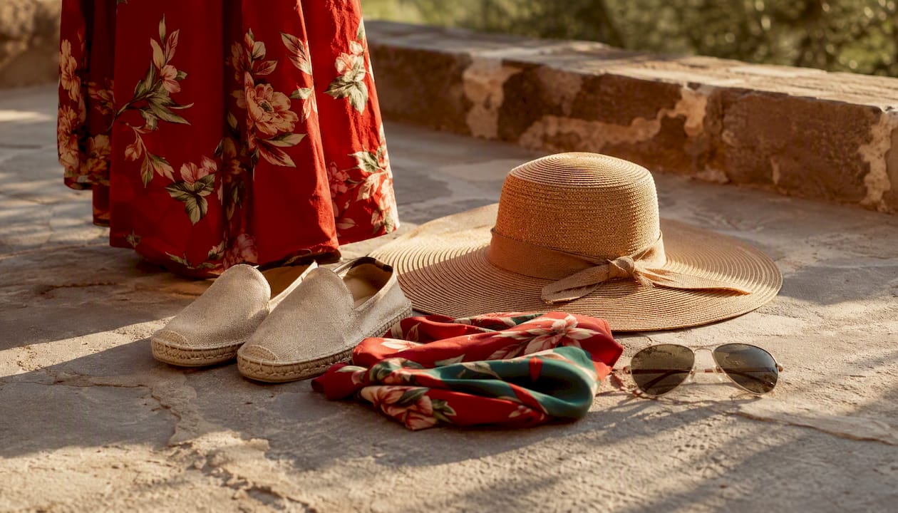 Flat lay of modest summer shoes and accessories