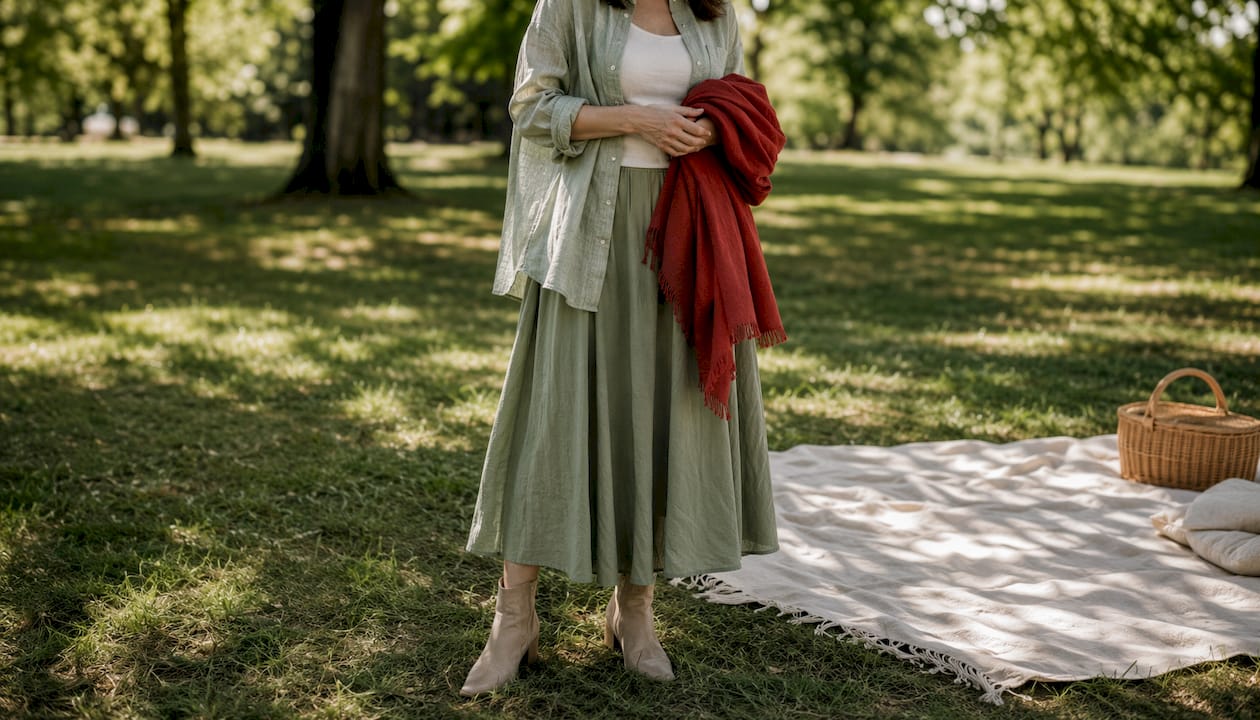 Close-up of modest summer outfit with layering details