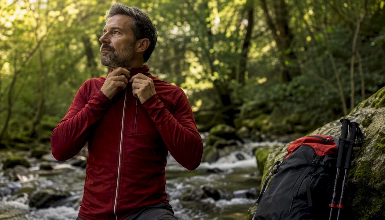 Hiker adjusting merino wool jacket collar