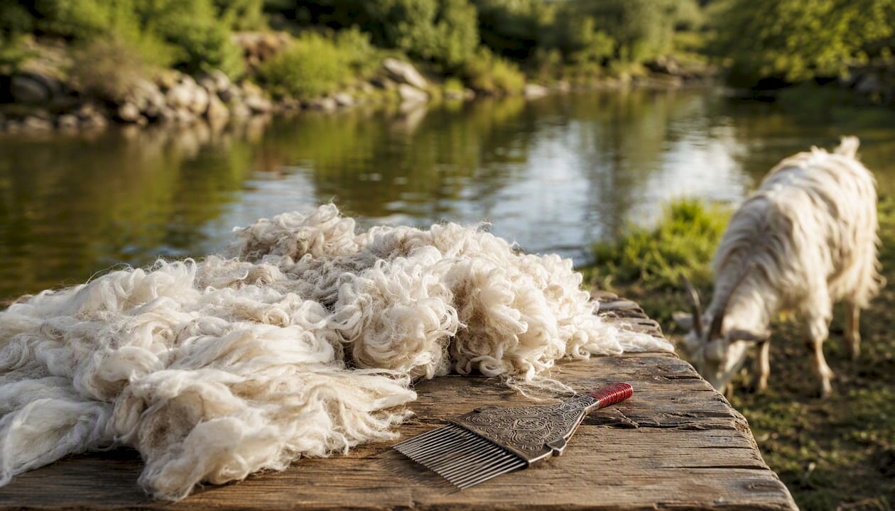 Cashmere fibres with traditional comb and goat outdoors