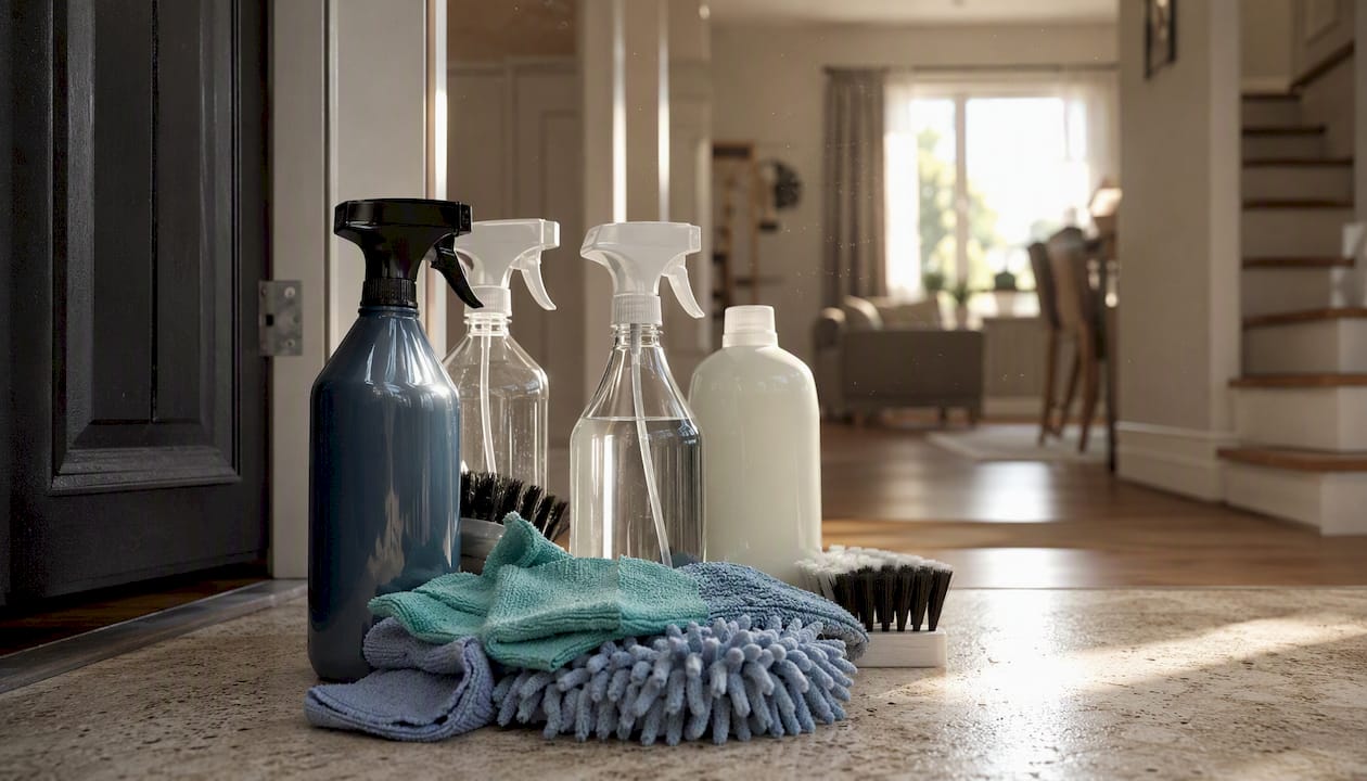 Organized cleaning products ready to be used in each room of the house.