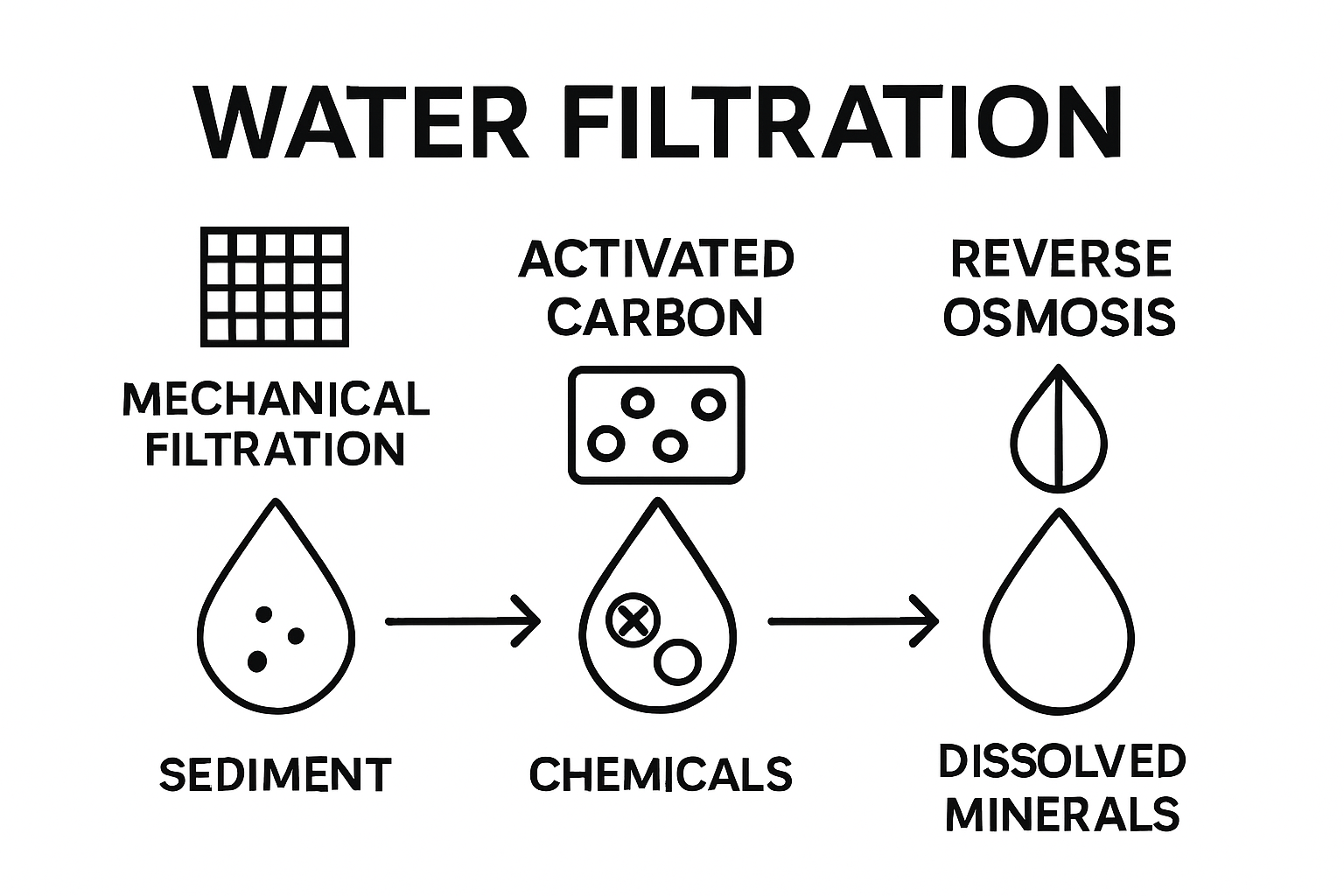 Three main water filtration system types compared visually