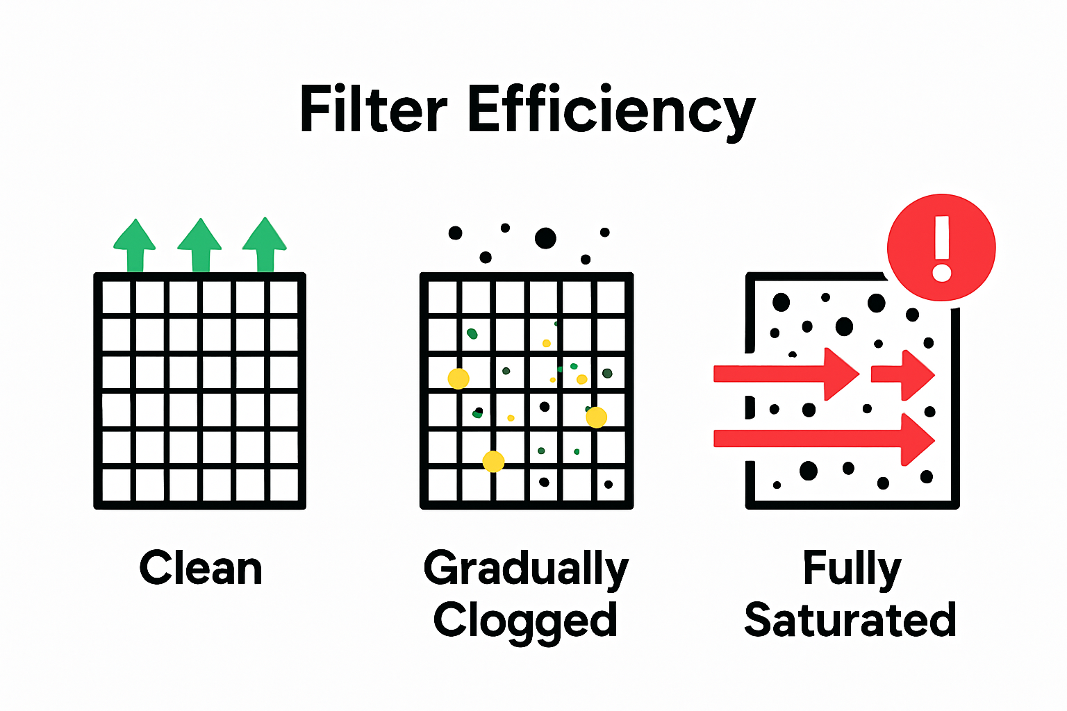 Infographic showing clean, partially clogged, and fully clogged purifier filters