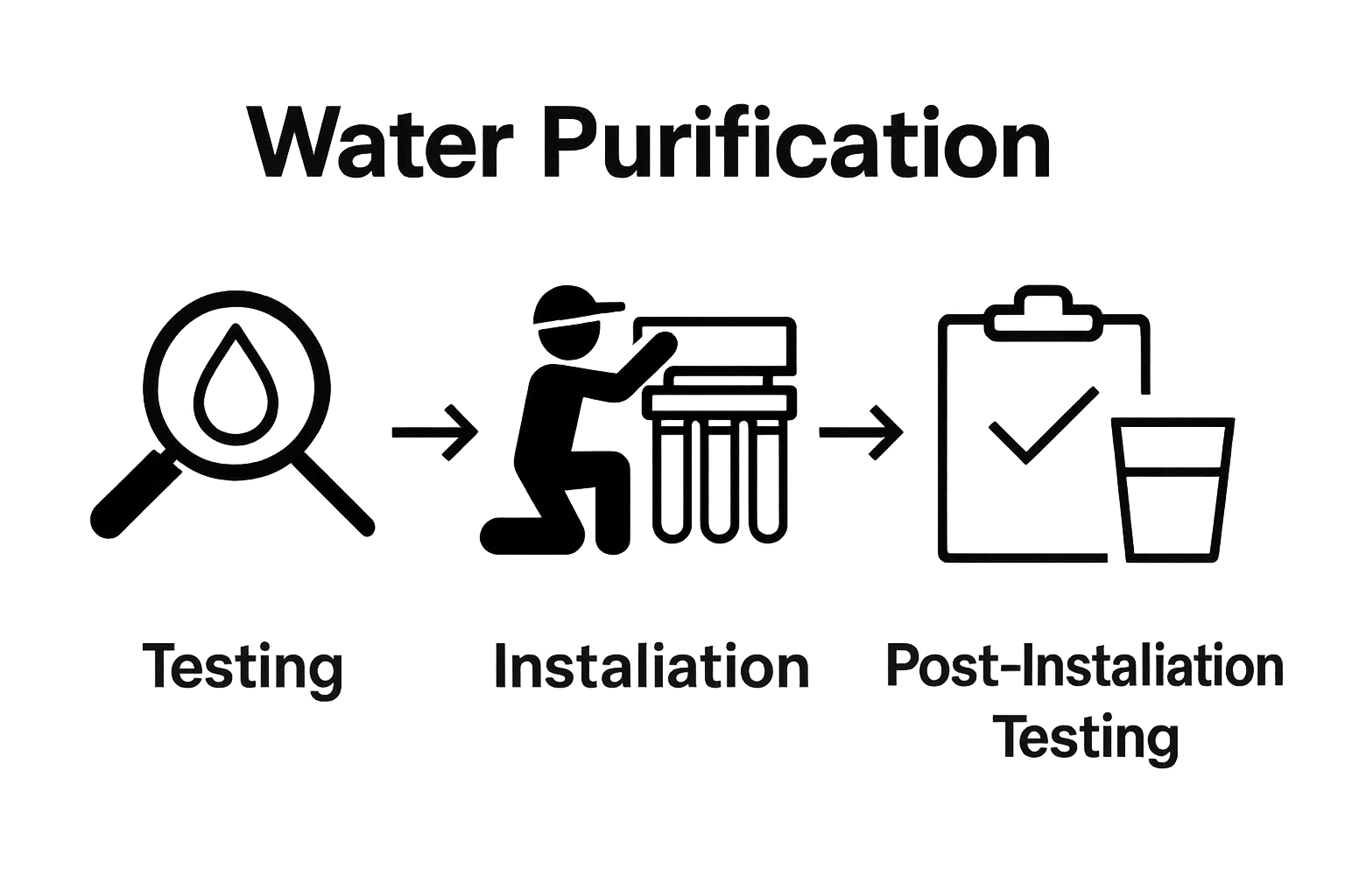 Three-step diagram showing water testing, installation, and verification